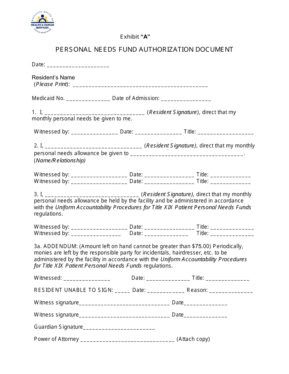 Personal Needs Fund Authorization Document - Rhode Island, Page 1