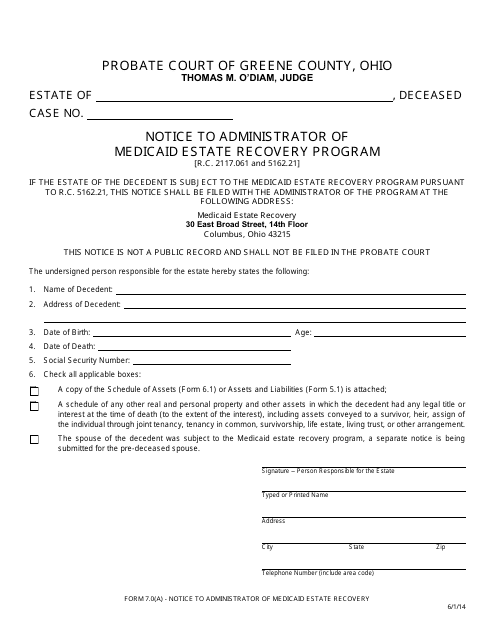 Form 7.0(A) Notice to Administrator of Medicaid Estate Recovery Program - Greene County, Ohio