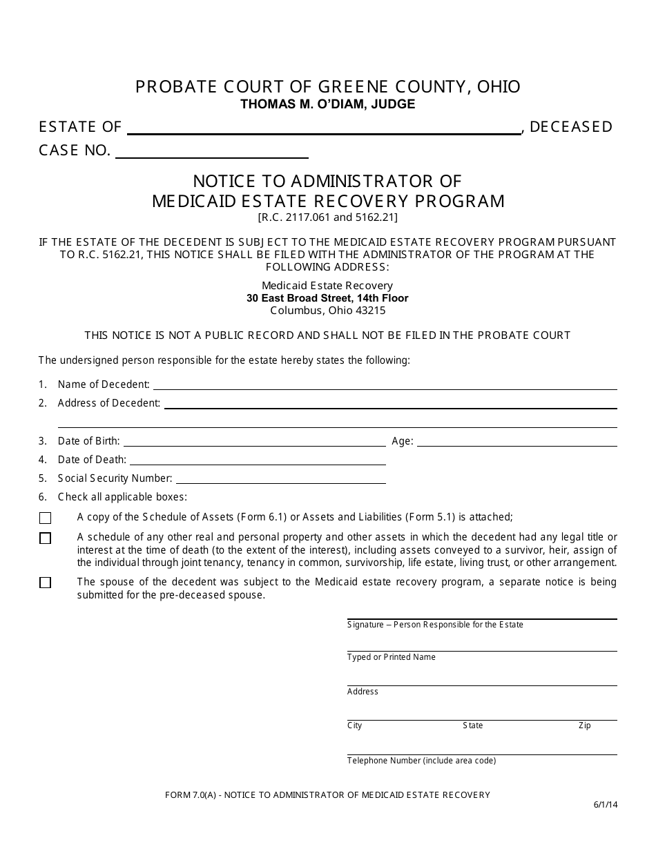 Form 7.0(A) Notice to Administrator of Medicaid Estate Recovery Program - Greene County, Ohio, Page 1