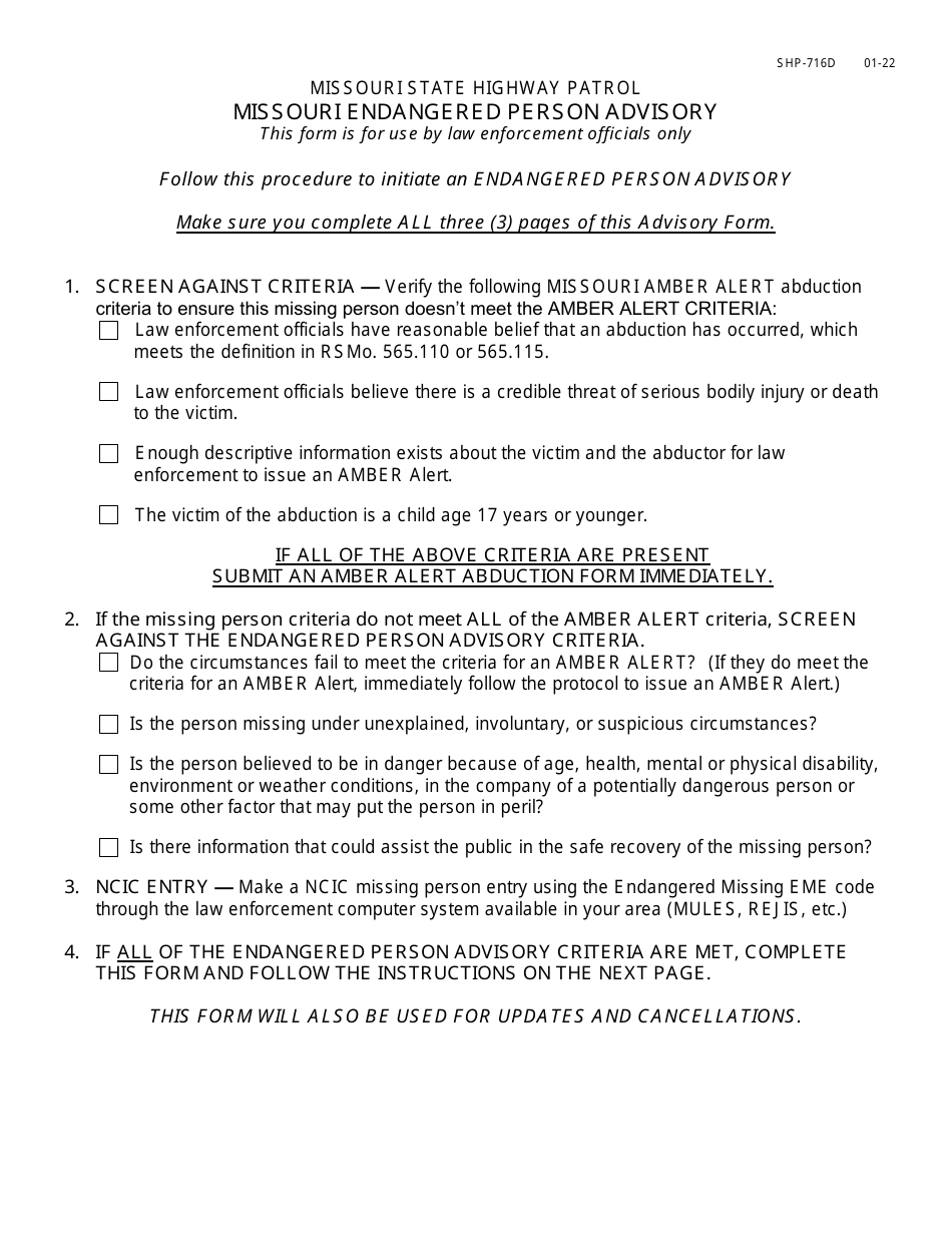 Form SHP-716 Missouri Endangered Person Advisory - Missouri, Page 1