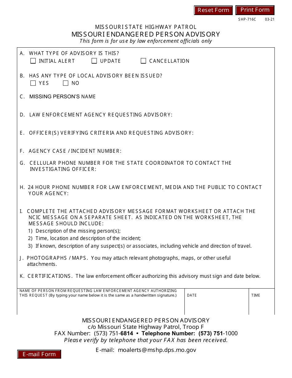 Form SHP-716 Missouri Endangered Person Advisory - Missouri, Page 2