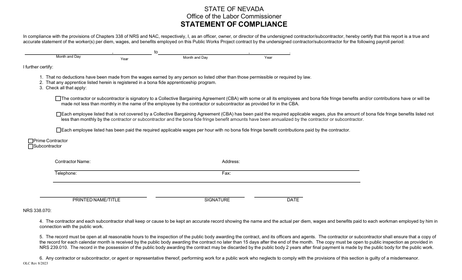 Weekly Wage and Hour Report of Public Work Contractors - Nevada, Page 3