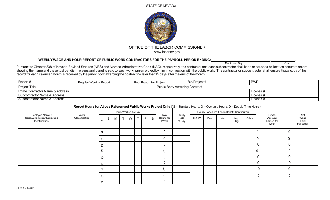 Weekly Wage and Hour Report of Public Work Contractors - Nevada