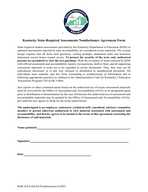 Kentucky State-Required Assessments Nondisclosure Agreement Form - Kentucky Download Pdf