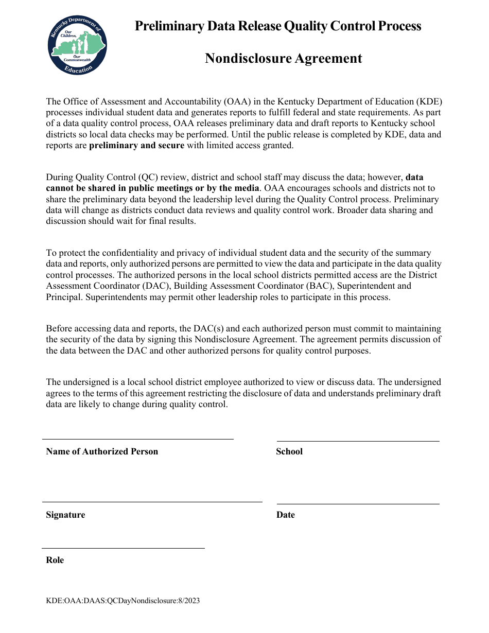 Preliminary Data Release Quality Control Process Nondisclosure Agreement - Kentucky, Page 1