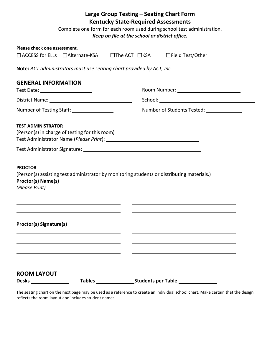 Large Group Testing - Seating Chart Form - Kentucky, Page 1