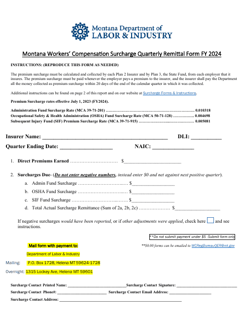 Montana Workers' Compensation Surcharge Quarterly Remital Form - Montana, 2024