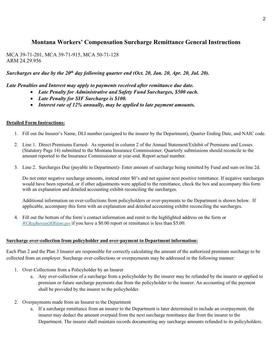 Montana Workers Compensation Surcharge Quarterly Remital Form - Montana, Page 2