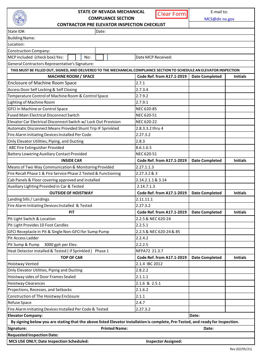 Nevada Contractor Pre Elevator Inspection Checklist Download Fillable ...