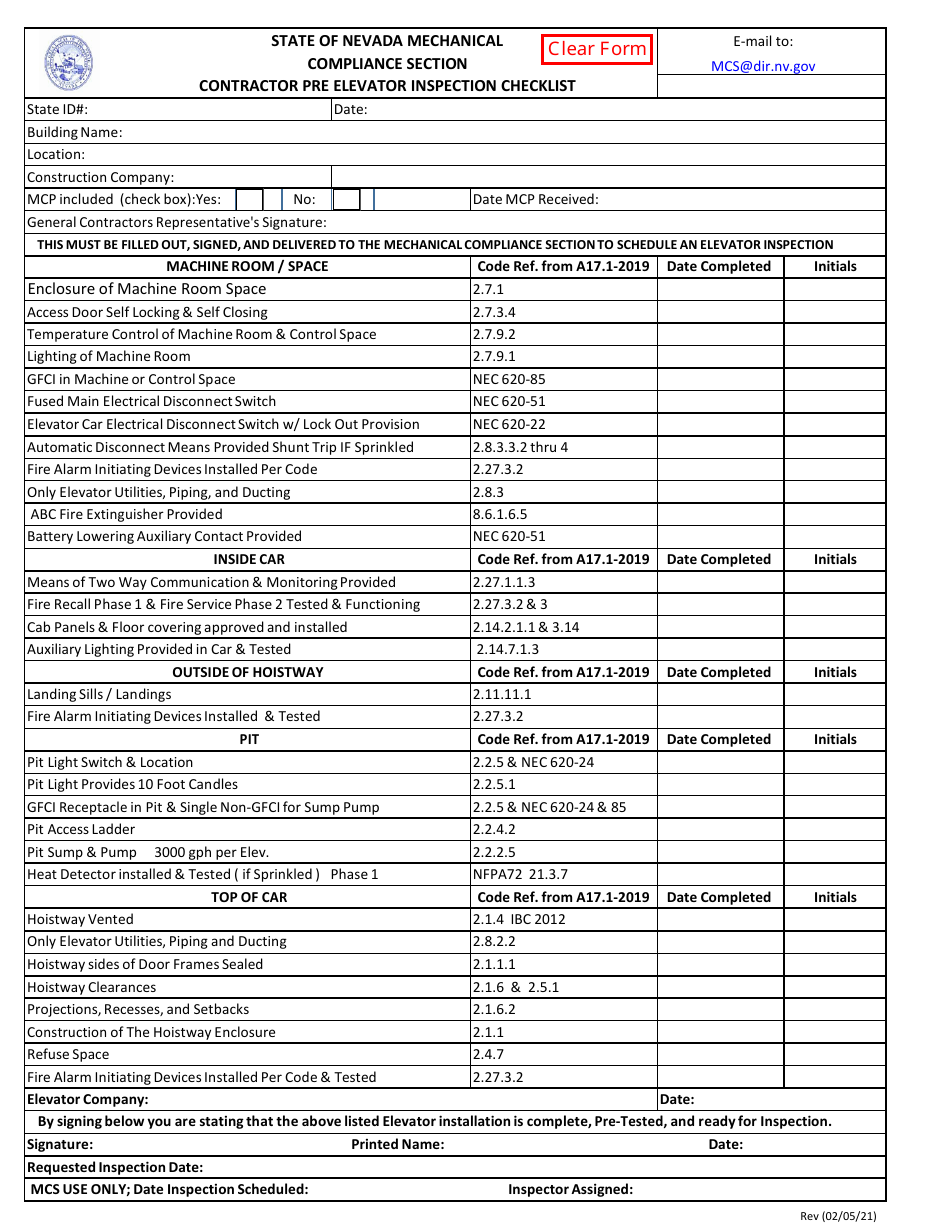 Contractor Pre Elevator Inspection Checklist - Nevada, Page 1