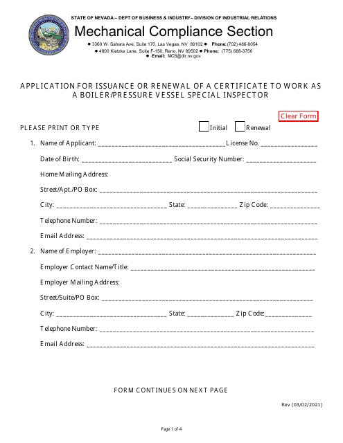 Application for Issuance or Renewal of a Certificate to Work as a Boiler / Pressure Vessel Special Inspector - Nevada Download Pdf