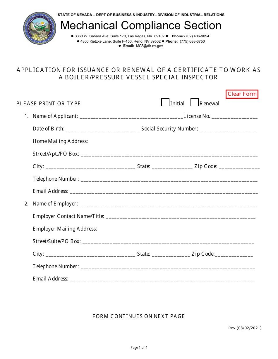 Application for Issuance or Renewal of a Certificate to Work as a Boiler / Pressure Vessel Special Inspector - Nevada, Page 1