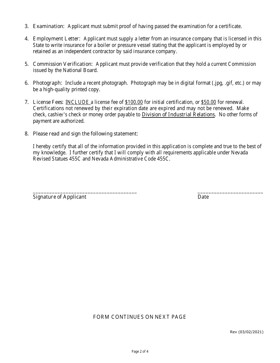 Application for Issuance or Renewal of a Certificate to Work as a Boiler / Pressure Vessel Special Inspector - Nevada, Page 2