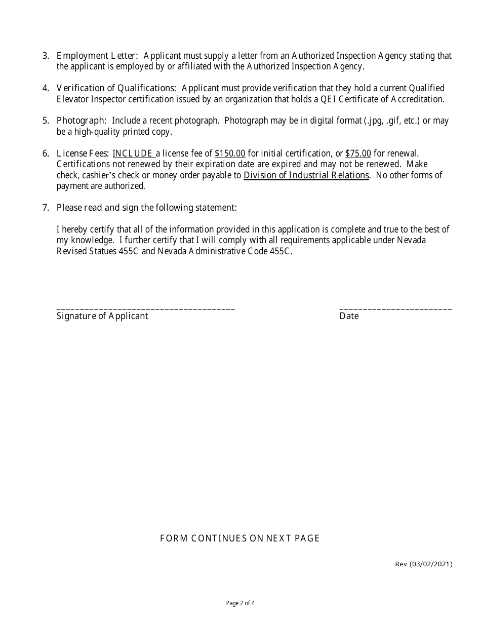 Application for Issuance or Renewal of a Certificate of Competency to Work as an Elevator Special Inspector - Nevada, Page 2