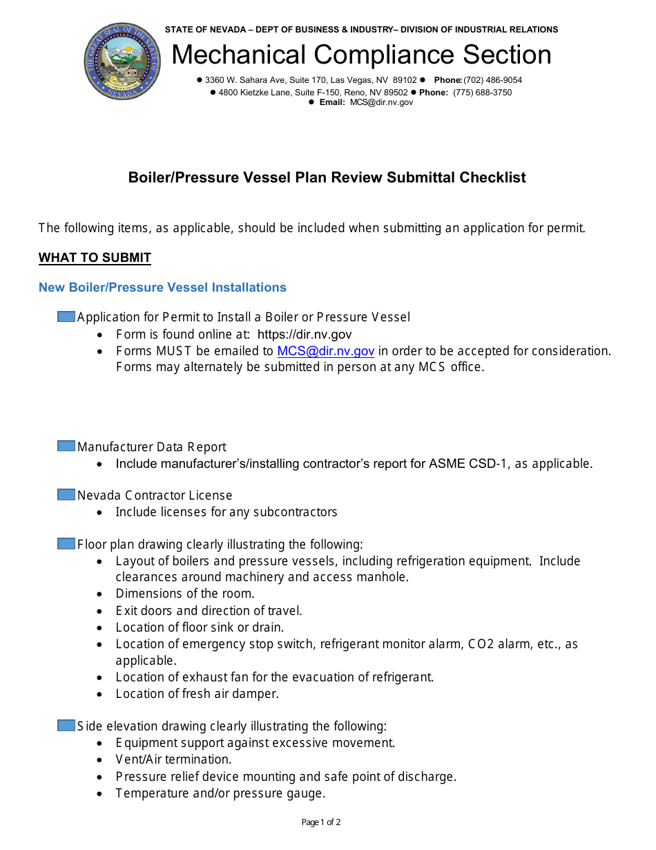 Boiler / Pressure Vessel Plan Review Submittal Checklist - Nevada, Page 1