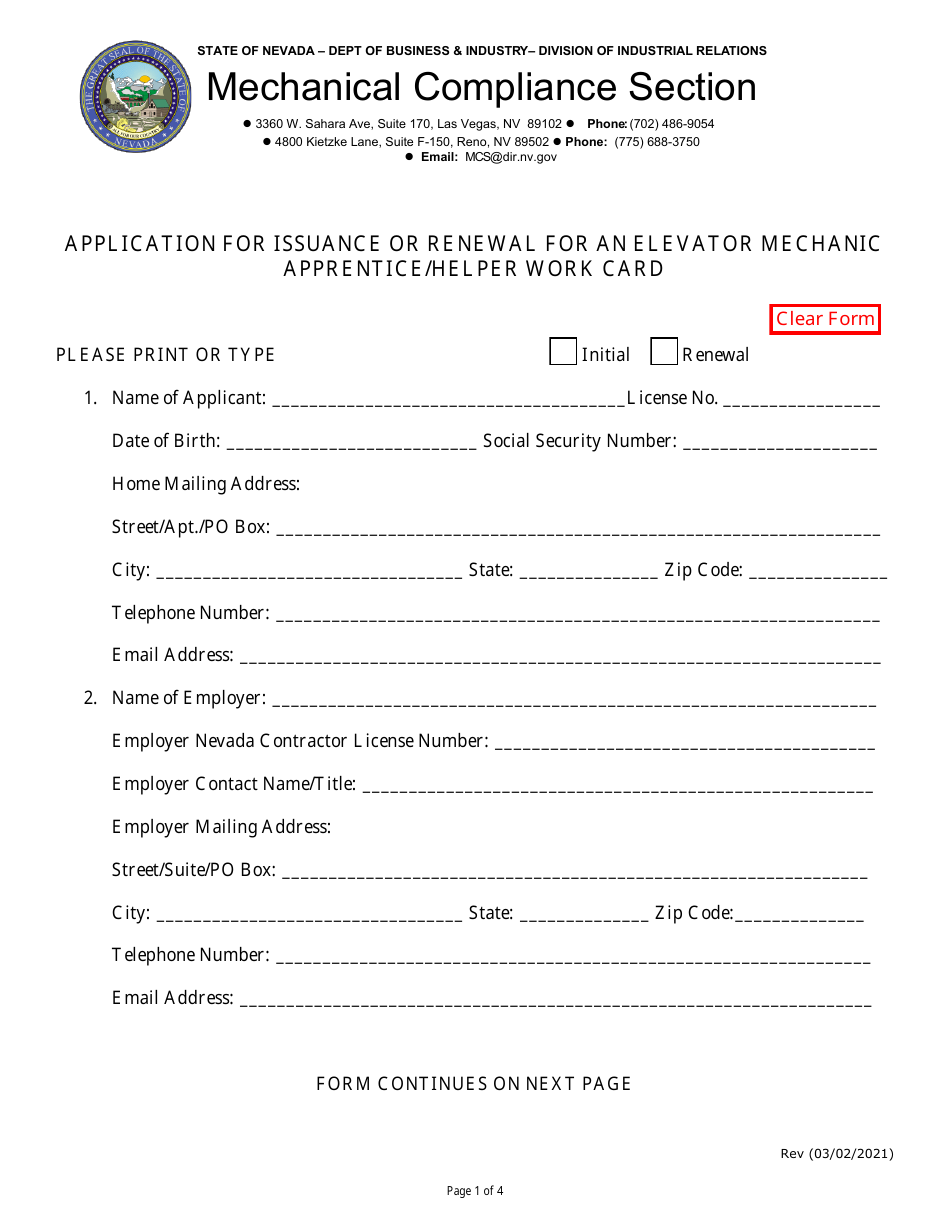 Nevada Application for Issuance or Renewal for an Elevator Mechanic