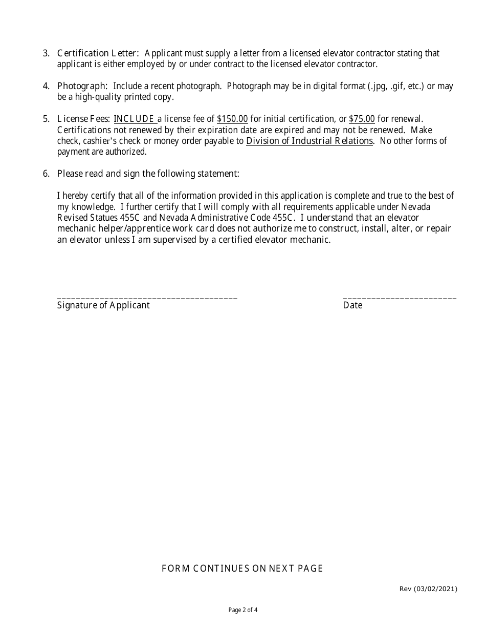 Application for Issuance or Renewal for an Elevator Mechanic Apprentice / Helper Work Card - Nevada, Page 2