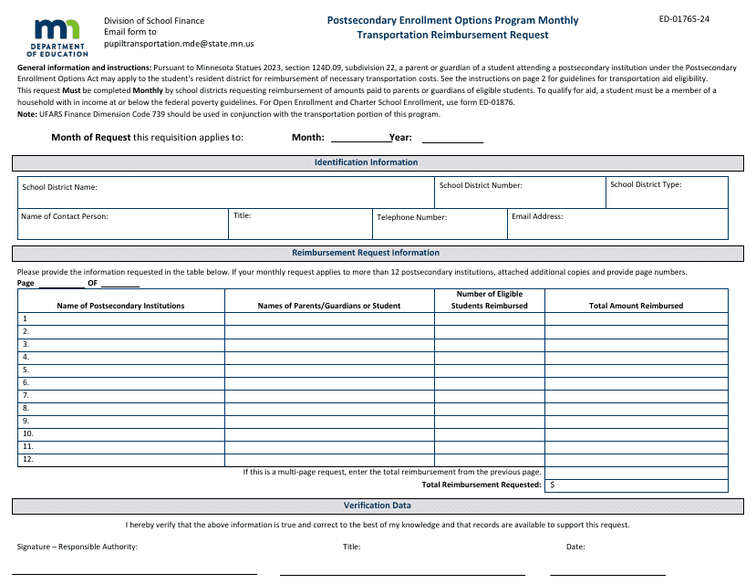 Form ED-01765-24 Postsecondary Enrollment Options Program Monthly Transportation Reimbursement Request - Minnesota