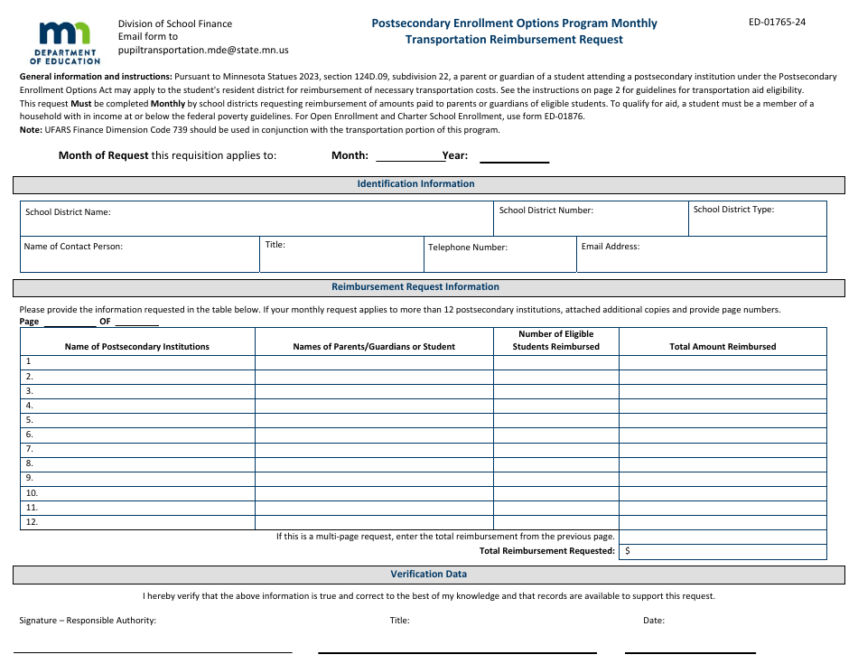 Form ED-01765-24 Postsecondary Enrollment Options Program Monthly Transportation Reimbursement Request - Minnesota, Page 1