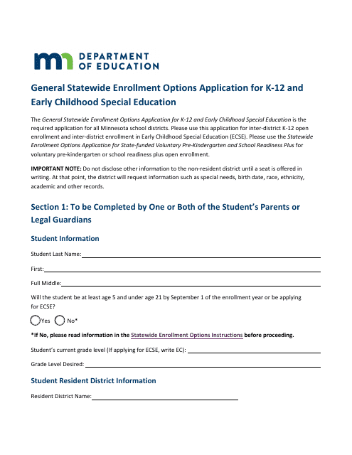 General Statewide Enrollment Options Application for K-12 and Early Childhood Special Education - Minnesota