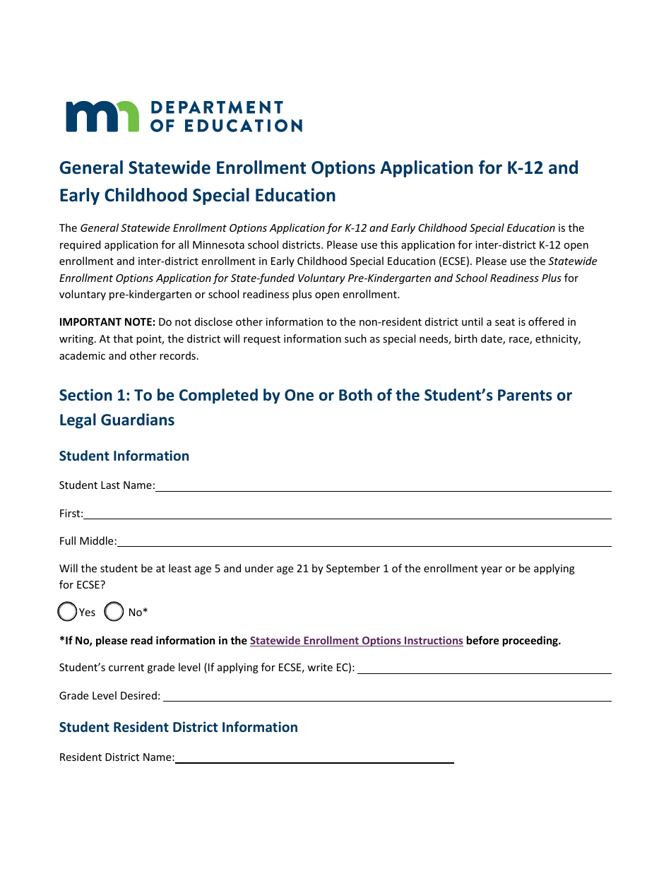 General Statewide Enrollment Options Application for K-12 and Early Childhood Special Education - Minnesota, Page 1