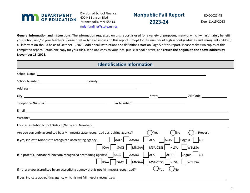 Form ED 00027 48 2024 Fill Out Sign Online And Download Fillable   Form Ed 00027 48 Nonpublic Fall Report Minnesota Print Big 