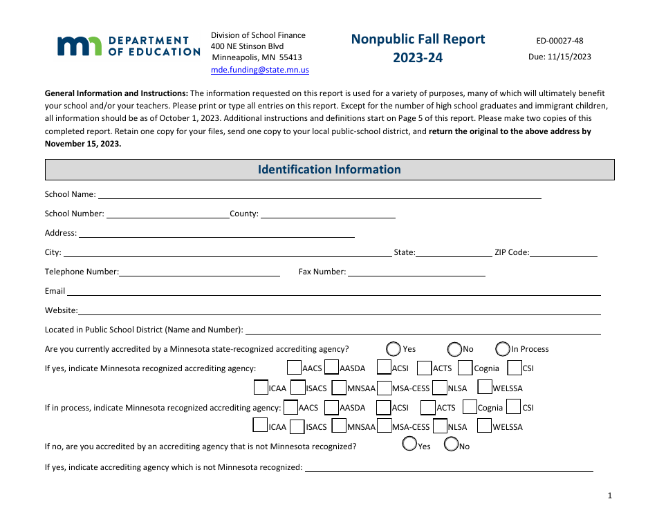 Form ED-00027-48 Nonpublic Fall Report - Minnesota, Page 1