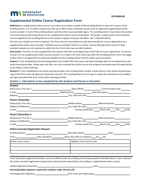 Form ED-02400-06 Supplemental Online Course Registration Form - Minnesota