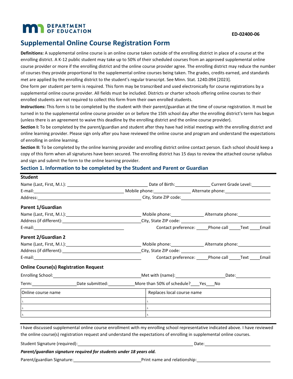 Form ED-02400-06 Supplemental Online Course Registration Form - Minnesota, Page 1
