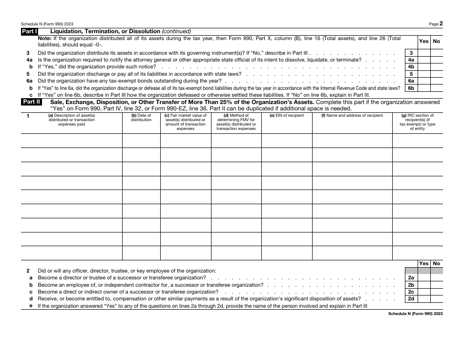 IRS Form 990 Schedule N Liquidation, Termination, Dissolution, or Significant Disposition of Assets, Page 2