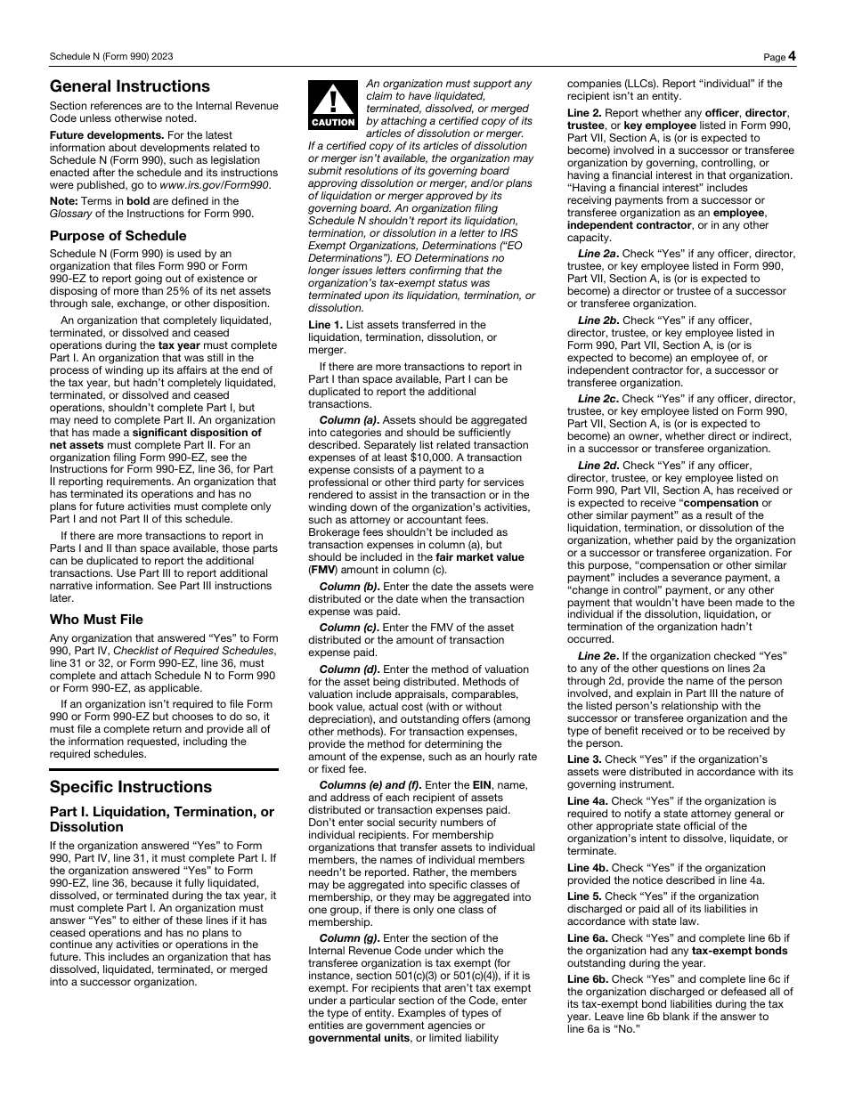 IRS Form 990 Schedule N Liquidation, Termination, Dissolution, or Significant Disposition of Assets, Page 4