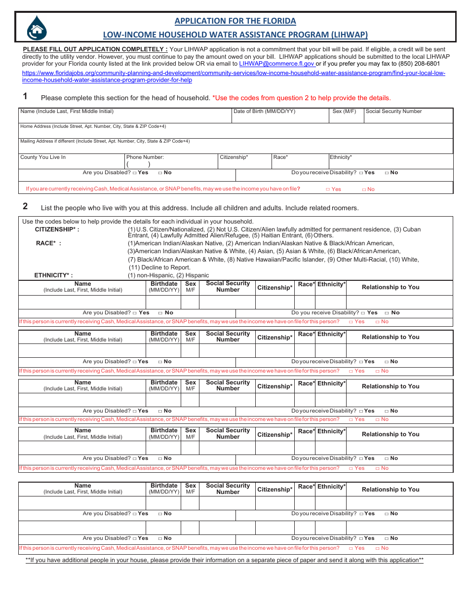 Application for the Florida Low-Income Household Water Assistance Program (Lihwap) - Florida, Page 1