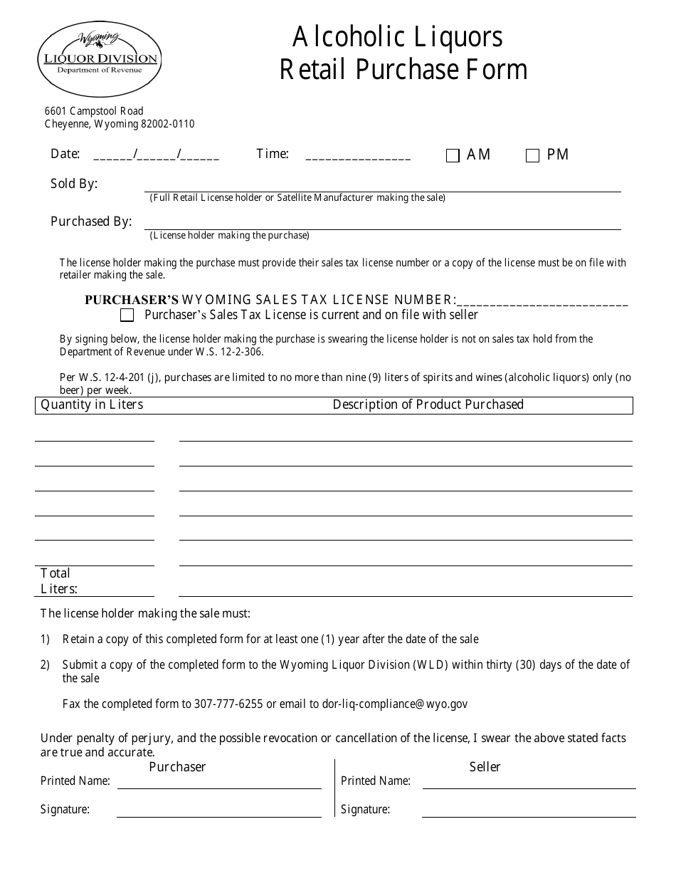 Alcoholic Liquors Retail Purchase Form - Wyoming, Page 1