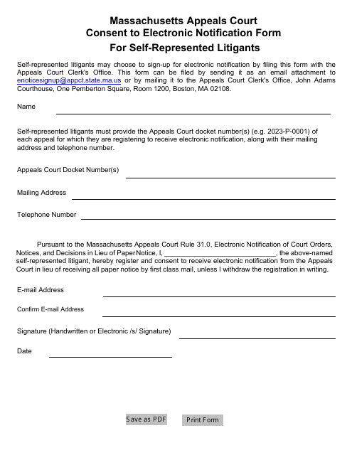 Consent to Electronic Notification Form for Self-represented Litigants - Massachusetts Download Pdf