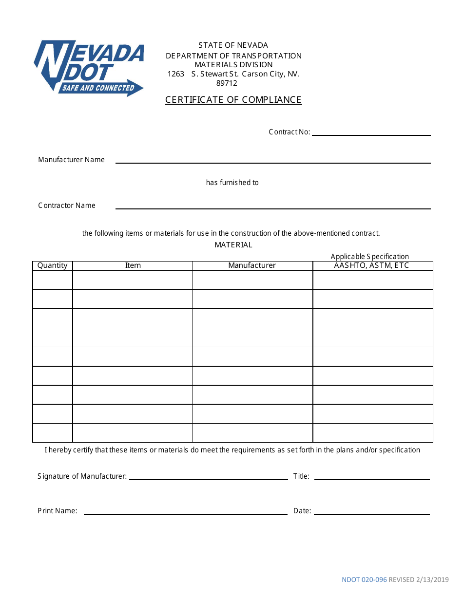 NDOT Form 020-096 Certificate of Compliance - Nevada, Page 1