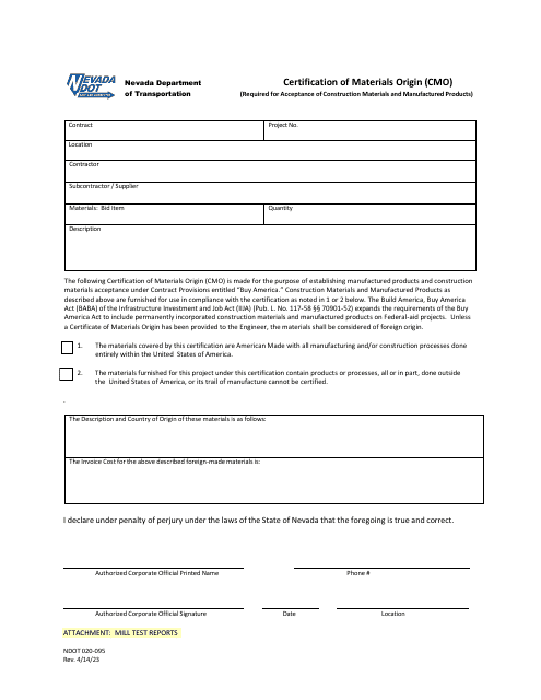 NDOT Form 020-095 Certification of Materials Origin (Cmo) - Nevada