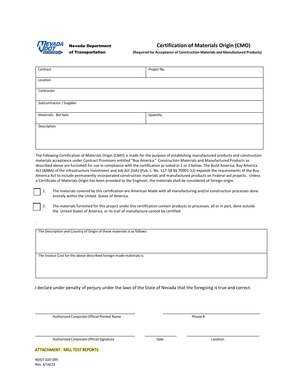 NDOT Form 020-095 Certification of Materials Origin (Cmo) - Nevada, Page 1