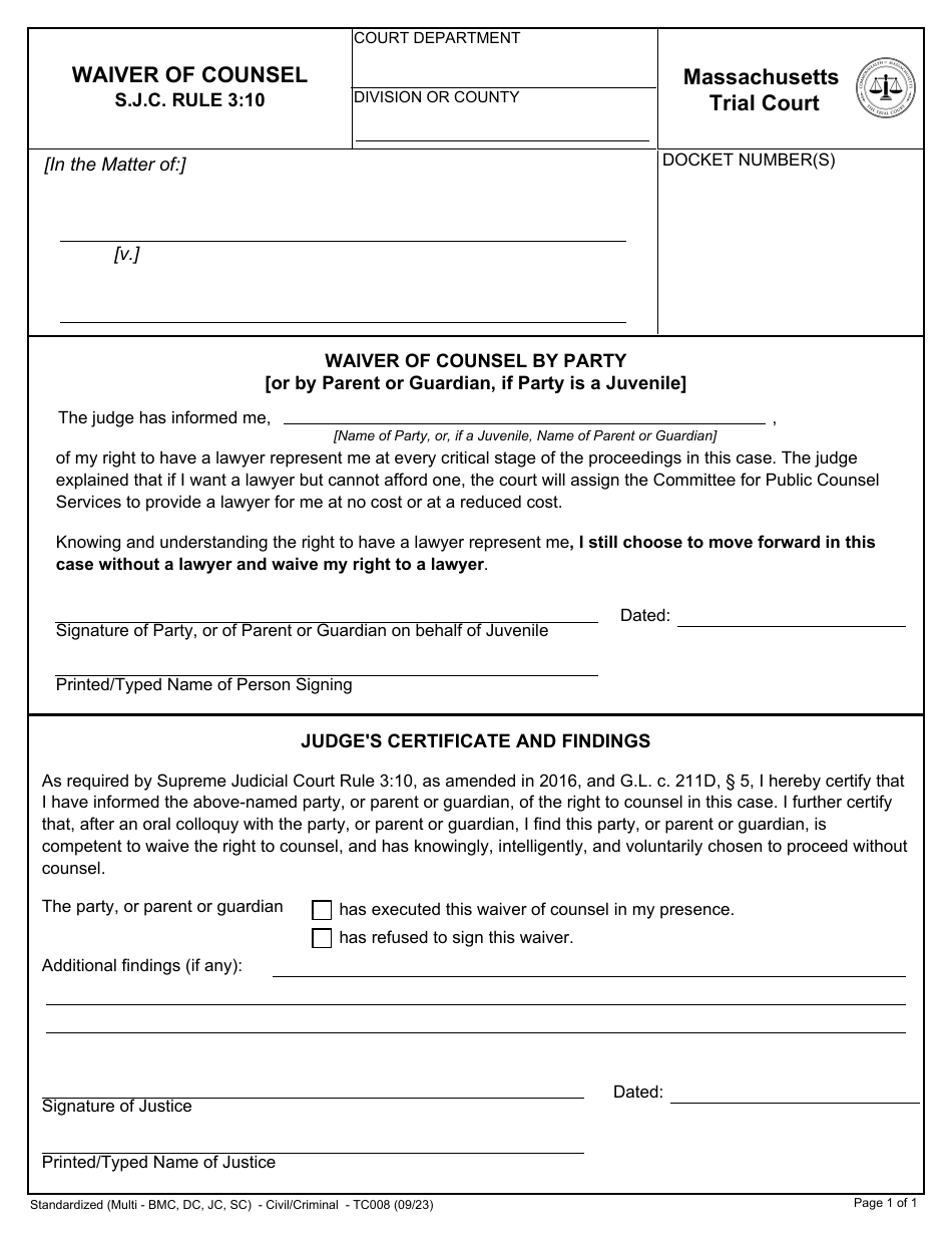 Form TC008 Waiver of Counsel by Party - Massachusetts, Page 1