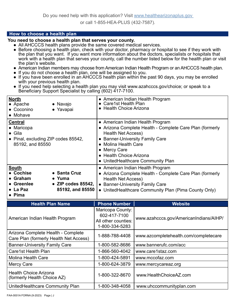 Form FAA-0001A Application for Benefits - Arizona, Page 10