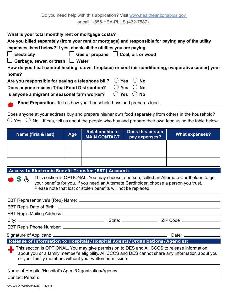 Form FAA-0001A Application for Benefits - Arizona, Page 15