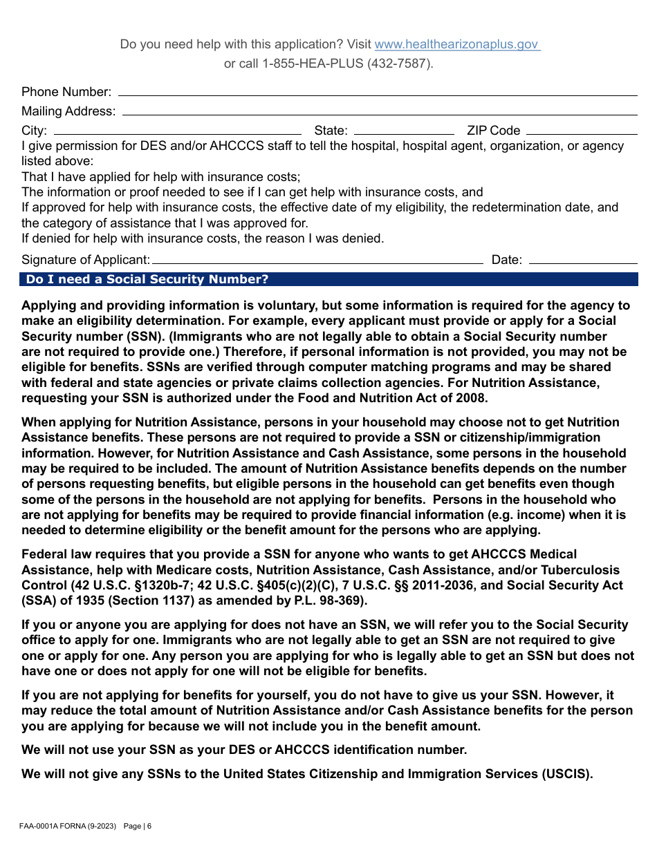 Form FAA-0001A Application for Benefits - Arizona, Page 16