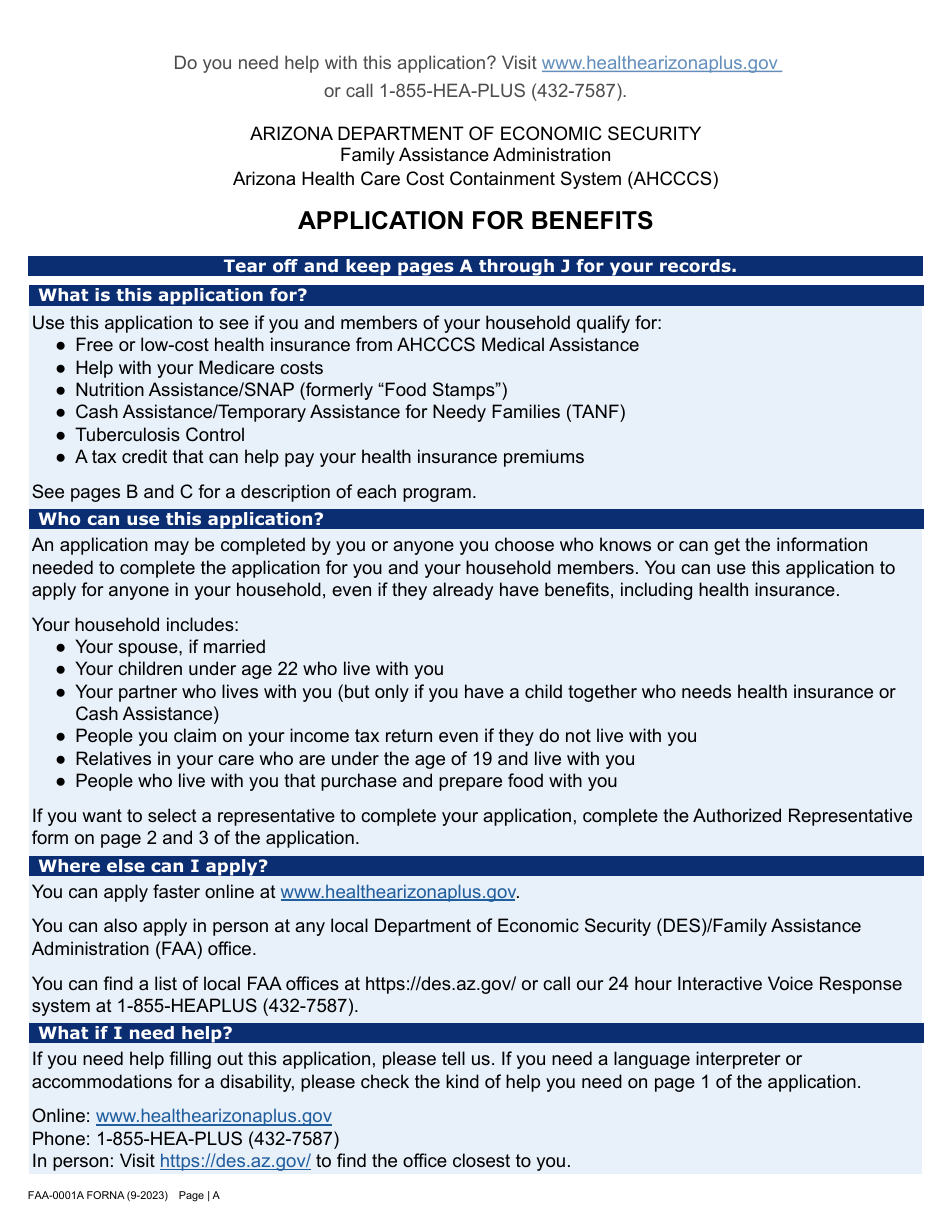 Form FAA-0001A Application for Benefits - Arizona, Page 1