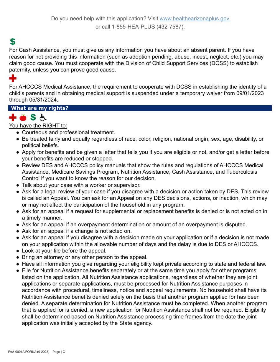 Form FAA-0001A Application for Benefits - Arizona, Page 7