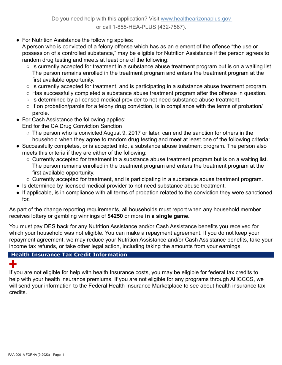 Form FAA-0001A Application for Benefits - Arizona, Page 9