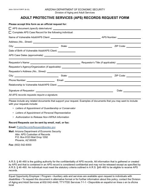 Form AAA-1301A Adult Protective Services (Aps) Records Request Form - Arizona