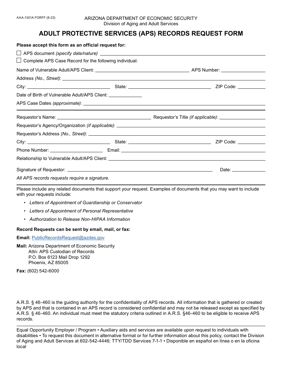 Form AAA-1301A Adult Protective Services (Aps) Records Request Form - Arizona, Page 1