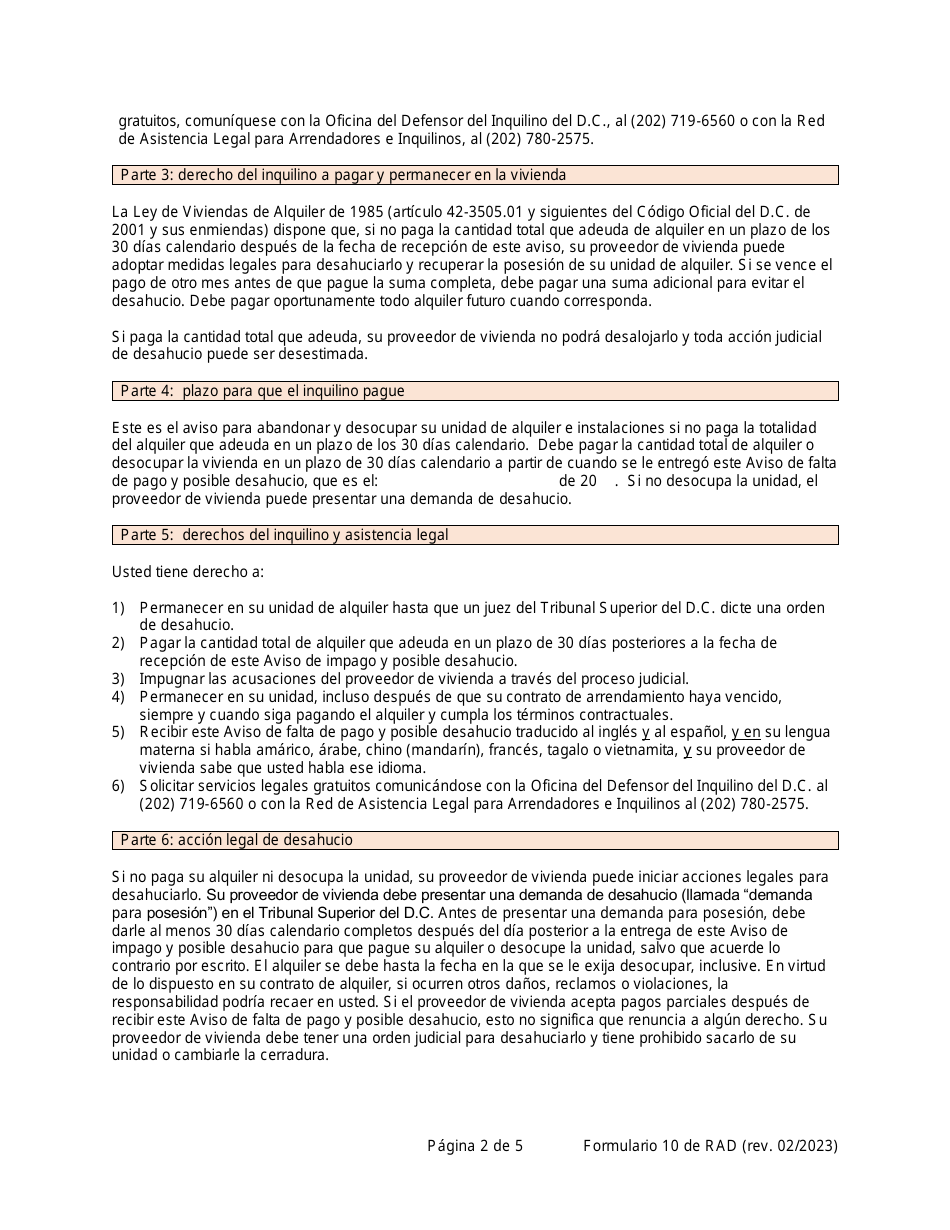 RAD Formulario 10 Aviso De Impago Y Posible Desahucio - Washington, D.C. (Spanish), Page 2