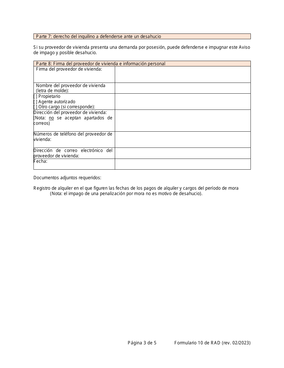 RAD Formulario 10 Aviso De Impago Y Posible Desahucio - Washington, D.C. (Spanish), Page 3