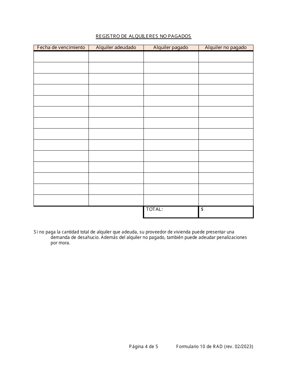 RAD Formulario 10 Aviso De Impago Y Posible Desahucio - Washington, D.C. (Spanish), Page 4