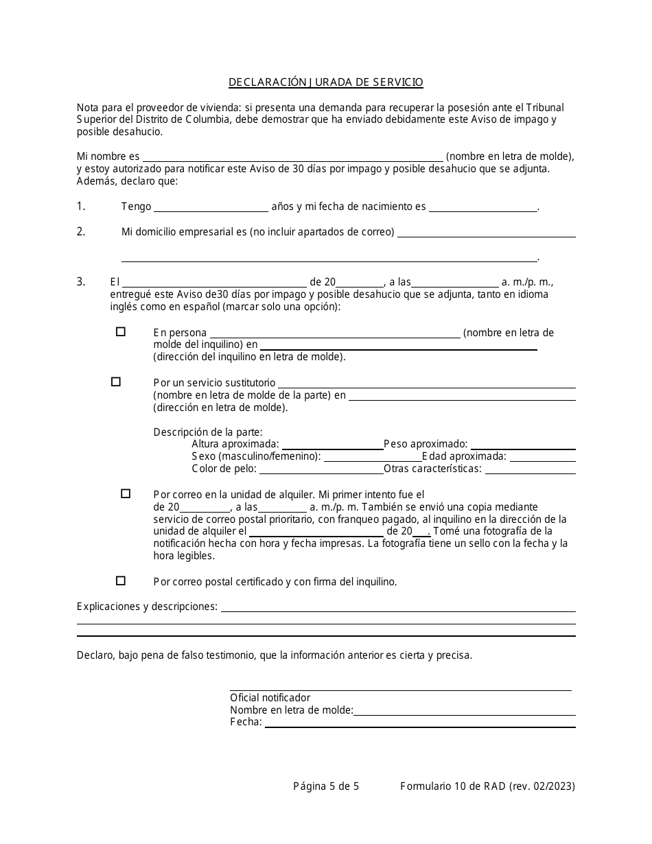 RAD Formulario 10 Aviso De Impago Y Posible Desahucio - Washington, D.C. (Spanish), Page 5